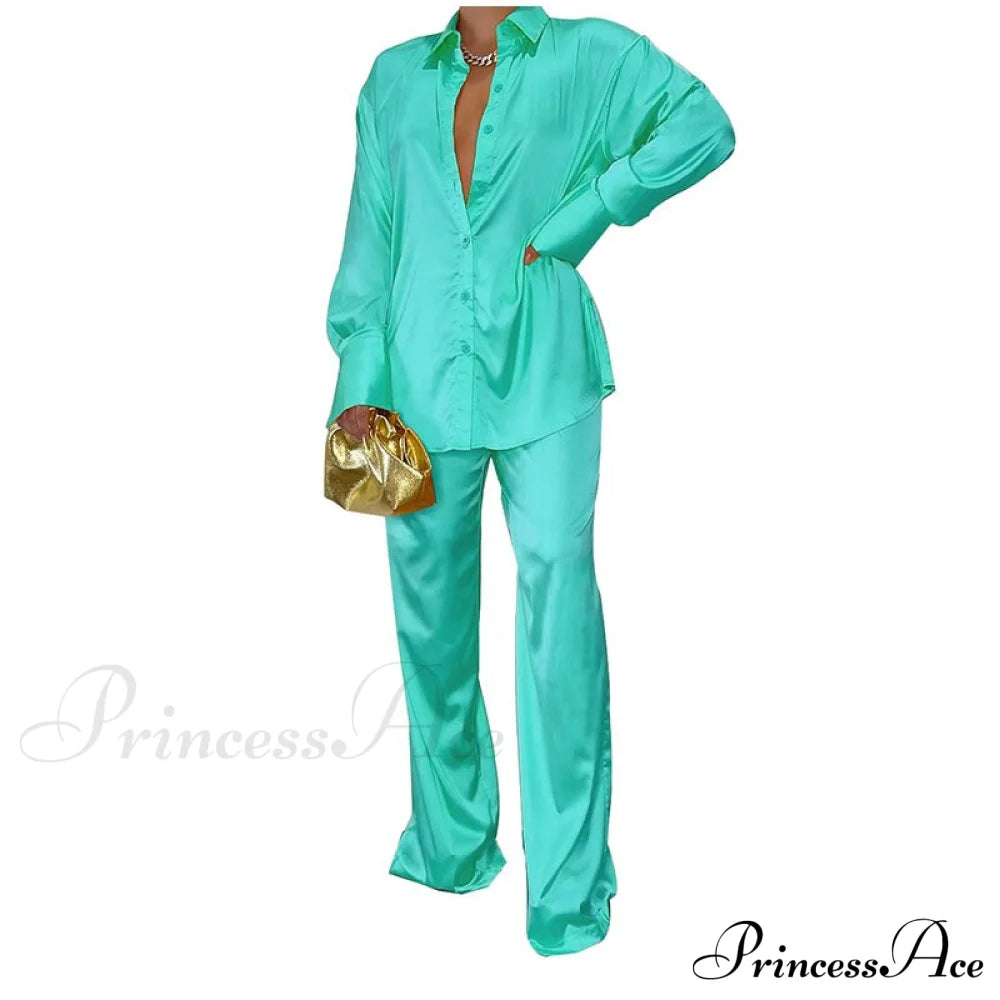 Casual - Set Elegant Women's Long and with Outfit Wide Solid Two Piece Arm Blouse Leg Loose Satin Pants image 18