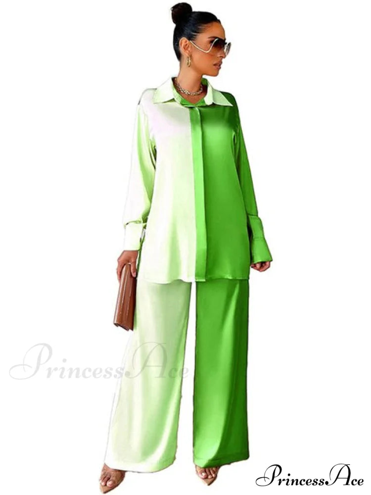 Casual - Set Elegant Women's Long and with Outfit Wide Solid Two Piece Arm Blouse Leg Loose Satin Pants image 6