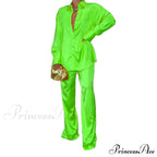 Casual - Set Elegant Women's Long and with Outfit Wide Solid Two Piece Arm Blouse Leg Loose Satin Pants image 16
