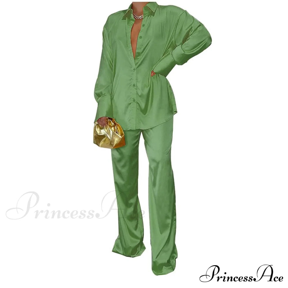 Casual - Set Elegant Women's Long and with Outfit Wide Solid Two Piece Arm Blouse Leg Loose Satin Pants image 7
