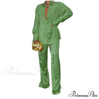 Casual - Set Elegant Women's Long and with Outfit Wide Solid Two Piece Arm Blouse Leg Loose Satin Pants image 7