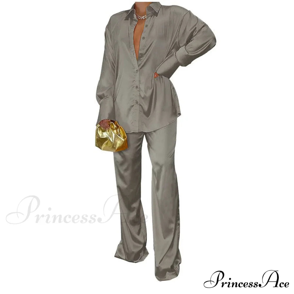 Casual - Set Elegant Women's Long and with Outfit Wide Solid Two Piece Arm Blouse Leg Loose Satin Pants image 5