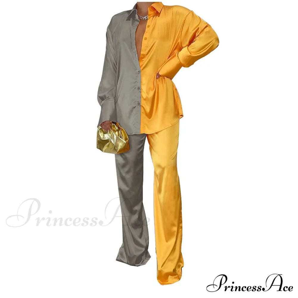 Casual - Set Elegant Women's Long and with Outfit Wide Solid Two Piece Arm Blouse Leg Loose Satin Pants image 17