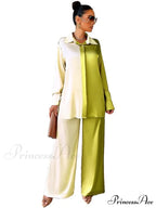 Casual - Set Elegant Women's Long and with Outfit Wide Solid Two Piece Arm Blouse Leg Loose Satin Pants image 13