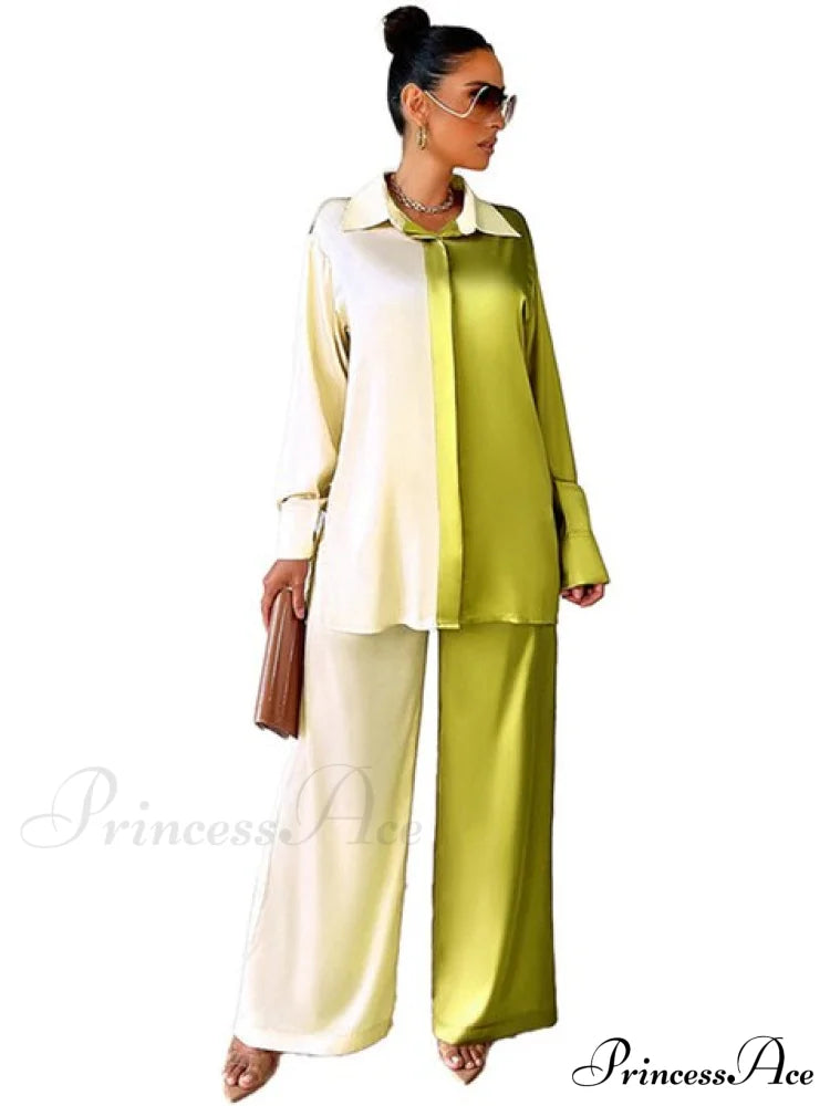 Casual - Set Elegant Women's Long and with Outfit Wide Solid Two Piece Arm Blouse Leg Loose Satin Pants image 13