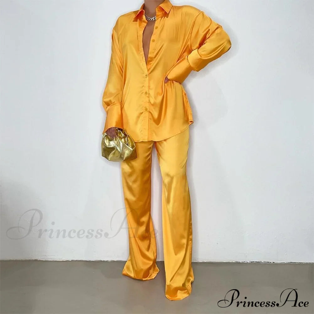 Casual - Set Elegant Women's Long and with Outfit Wide Solid Two Piece Arm Blouse Leg Loose Satin Pants image 15