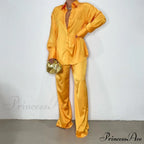Casual - Set Elegant Women's Long and with Outfit Wide Solid Two Piece Arm Blouse Leg Loose Satin Pants image 15