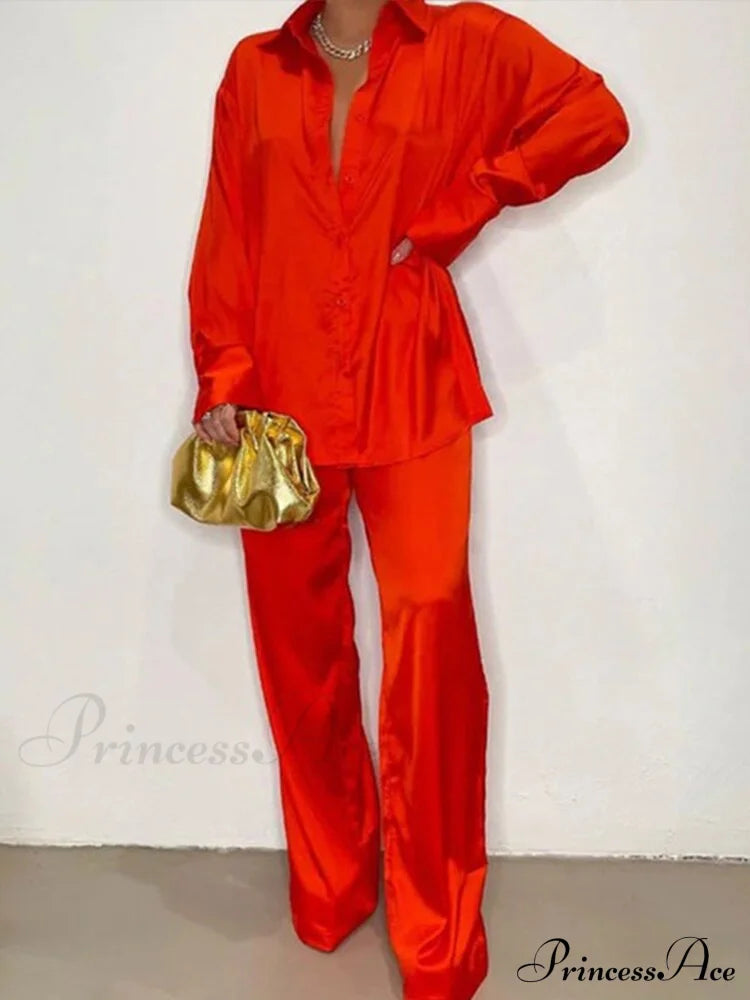 Casual - Set Elegant Women's Long and with Outfit Wide Solid Two Piece Arm Blouse Leg Loose Satin Pants image 11