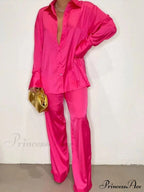 Casual - Set Elegant Women's Long and with Outfit Wide Solid Two Piece Arm Blouse Leg Loose Satin Pants image 19