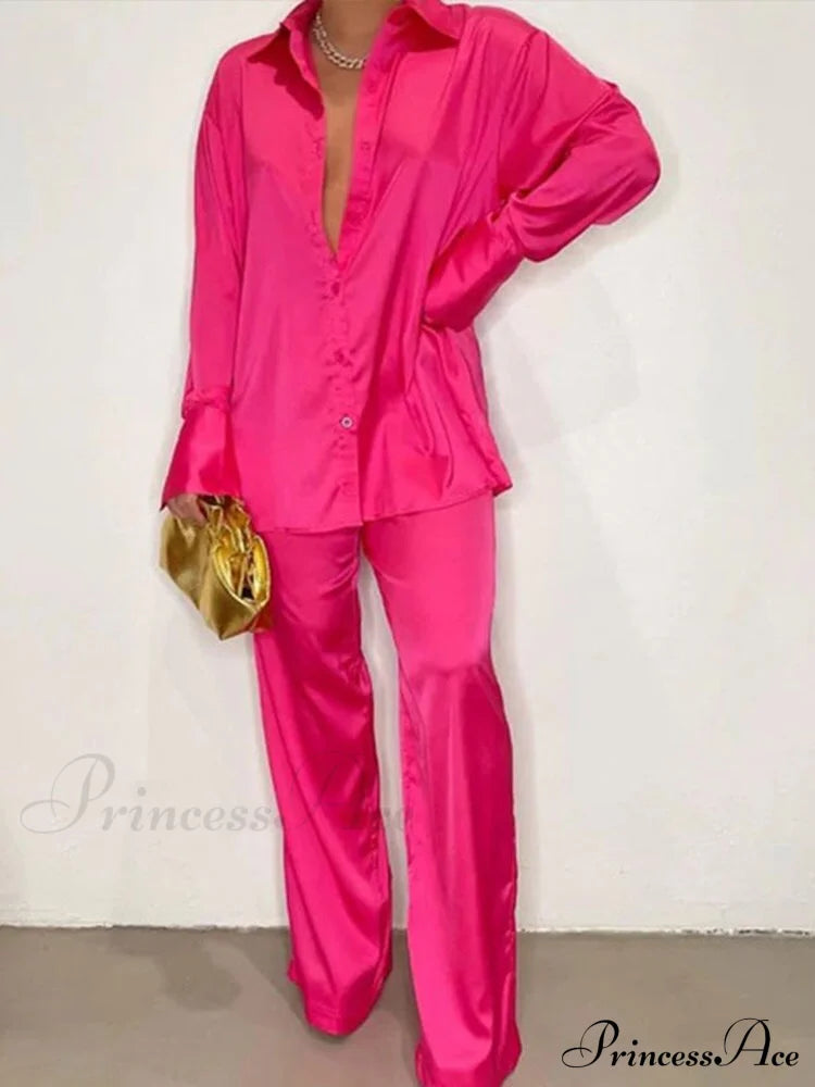 Casual - Set Elegant Women's Long and with Outfit Wide Solid Two Piece Arm Blouse Leg Loose Satin Pants image 19