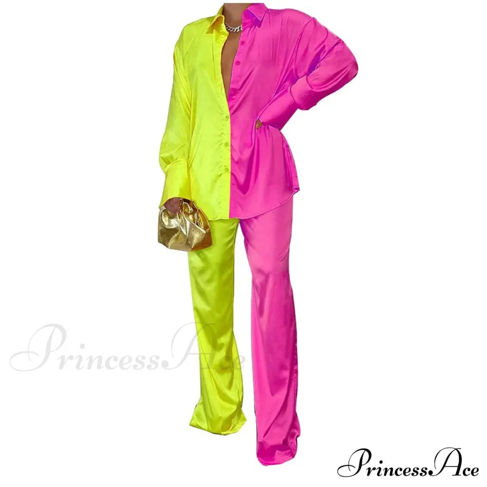 Casual - Set Elegant Women's Long and with Outfit Wide Solid Two Piece Arm Blouse Leg Loose Satin Pants image 20