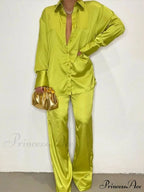 Casual - Set Elegant Women's Long and with Outfit Wide Solid Two Piece Arm Blouse Leg Loose Satin Pants image 12