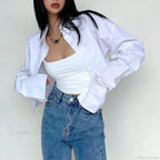 Casual Single Breasted Turn Down Collar Short Sleeve Blouse image 5