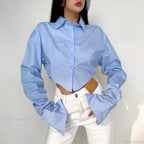 Casual Single Breasted Turn Down Collar Short Sleeve Blouse image 4