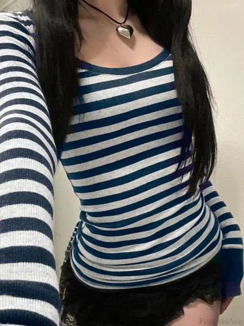 Casual Slim Striped Autumn Spring Basic O-Neck Knit Top image 2