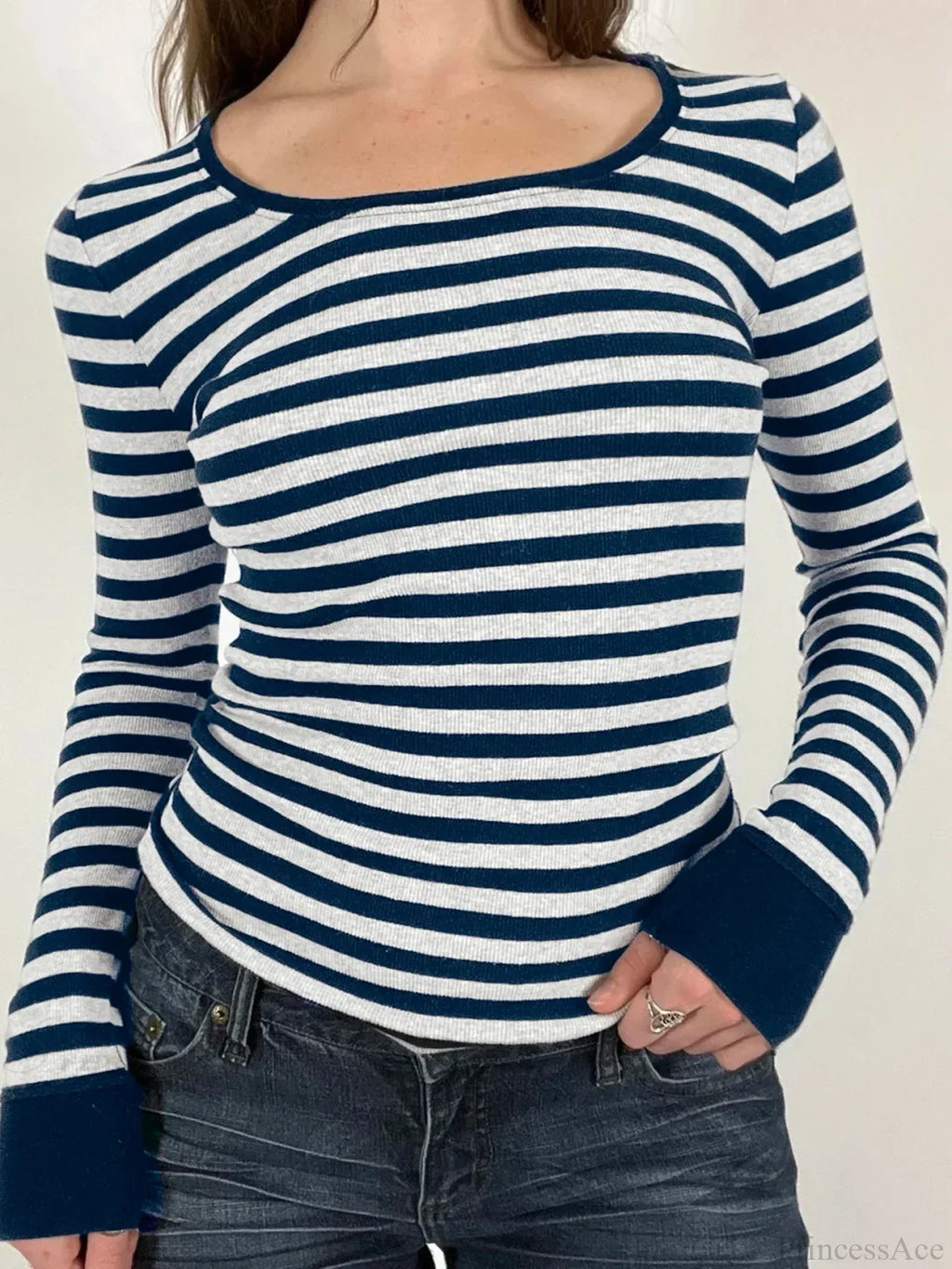 Casual Slim Striped Autumn Spring Basic O-Neck Knit Top image 3