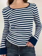Casual Slim Striped Autumn Spring Basic O-Neck Knit Top image 3