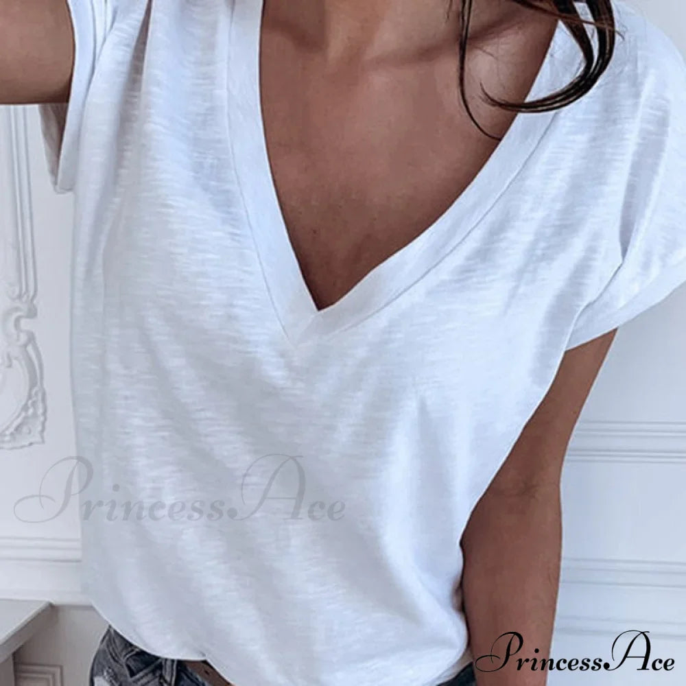 Casual Solid Color Short Sleeve V Neck T-shirt image 1