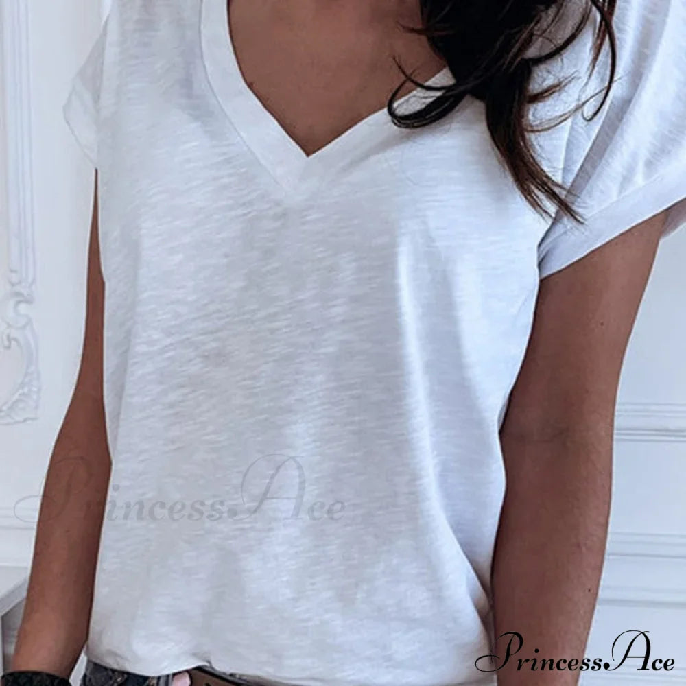 Casual Solid Color Short Sleeve V Neck T-shirt image 3