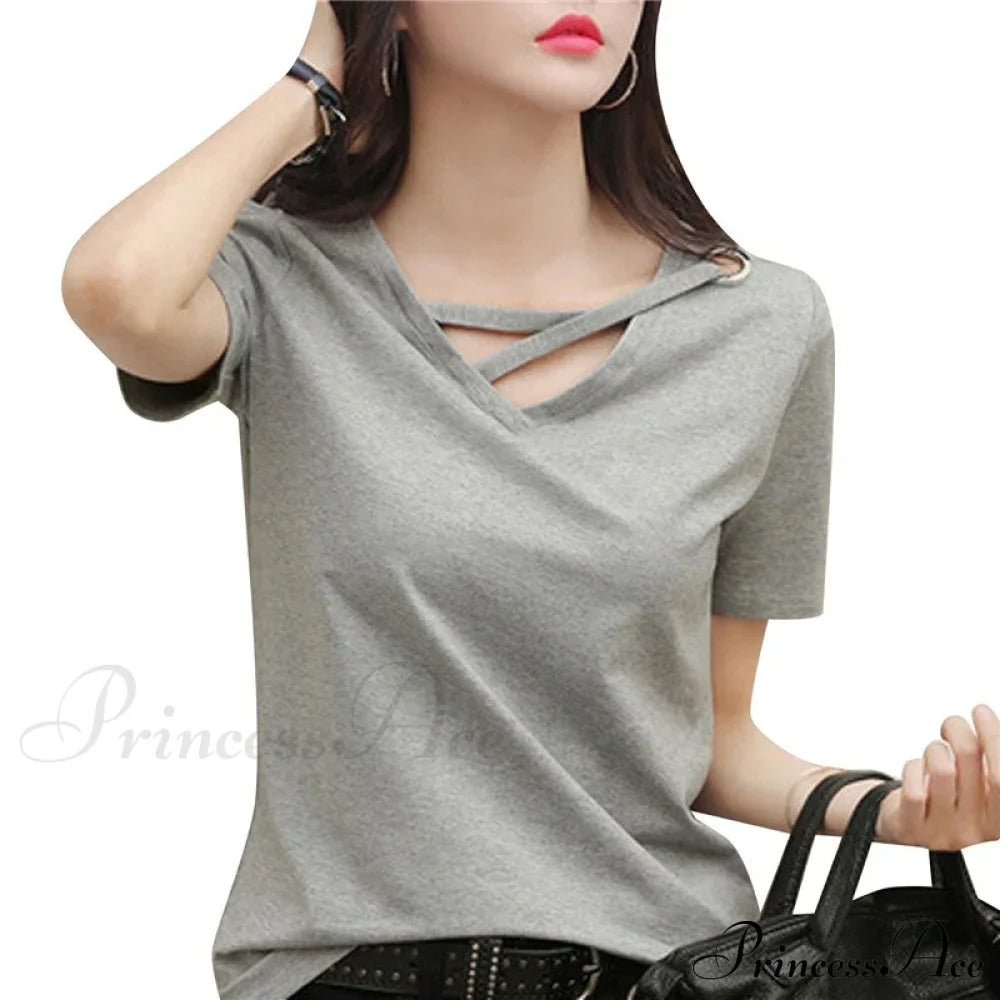 Casual Solid Color Short Sleeve V Neck T-shirt image 15