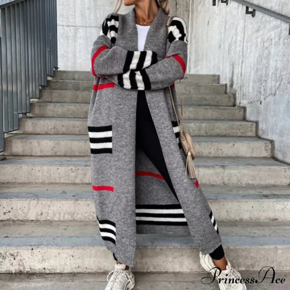 Casual Striped Color Matching Knitted Long Sweaters Cardigan image 2