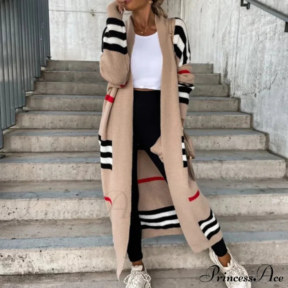 Casual Striped Color Matching Knitted Long Sweaters Cardigan image 4