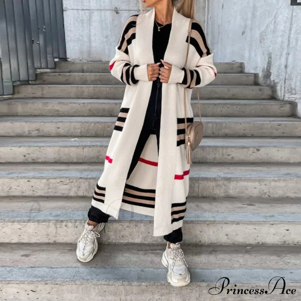 Casual Striped Color Matching Knitted Long Sweaters Cardigan image 5