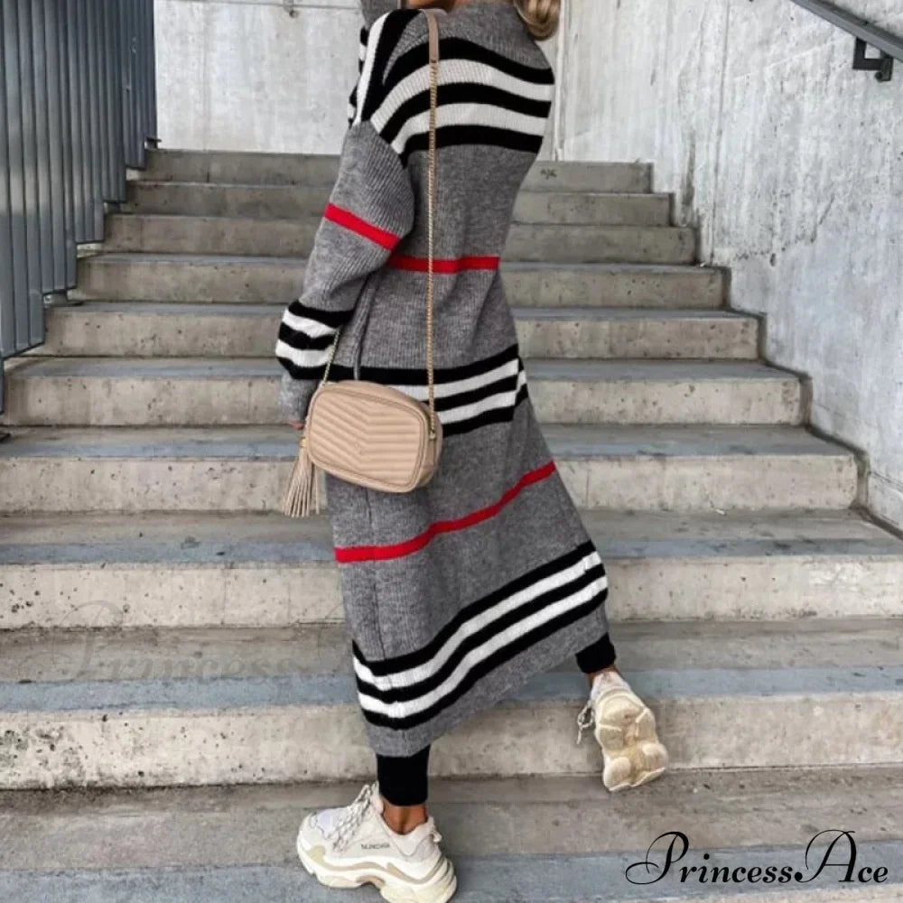 Casual Striped Color Matching Knitted Long Sweaters Cardigan image 1