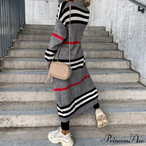 Casual Striped Color Matching Knitted Long Sweaters Cardigan image 1