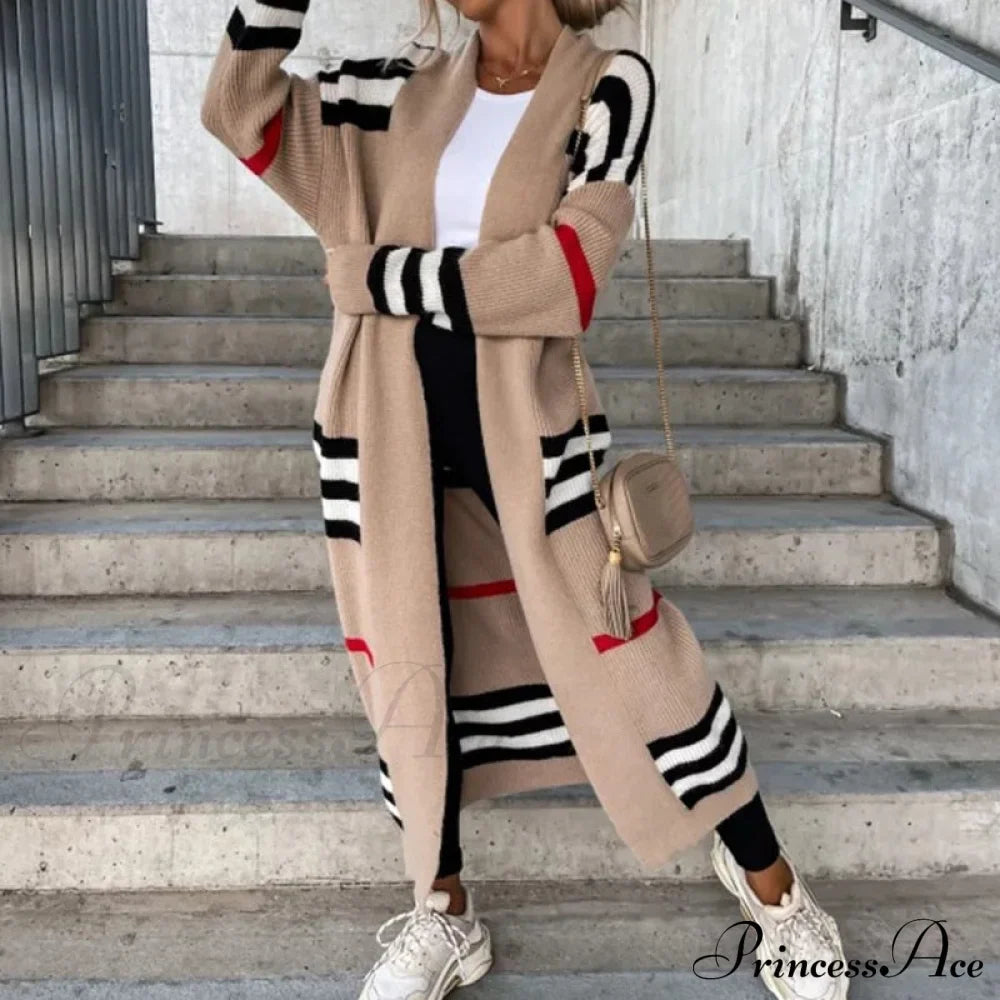 Casual Striped Color Matching Knitted Long Sweaters Cardigan image 3