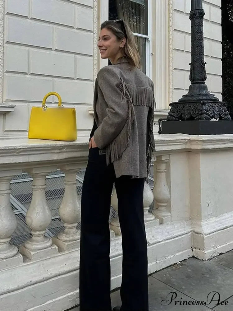 Casual Tassels Patchwork Long Sleeves Lapel Single Breasted Buckle Slim Stylish Coat image 3