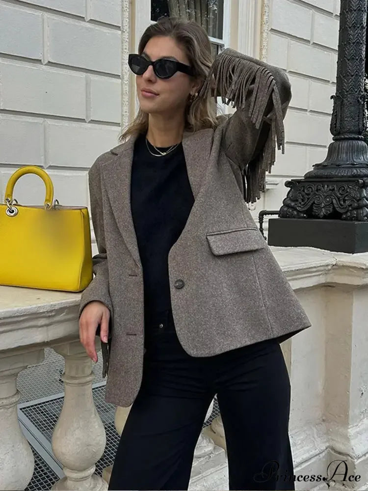 Casual Tassels Patchwork Long Sleeves Lapel Single Breasted Buckle Slim Stylish Coat image 1
