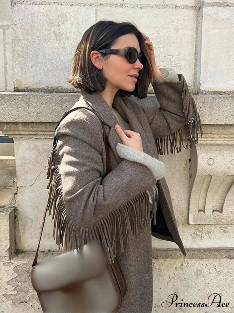 Casual Tassels Patchwork Long Sleeves Lapel Single Breasted Buckle Slim Stylish Coat image 2