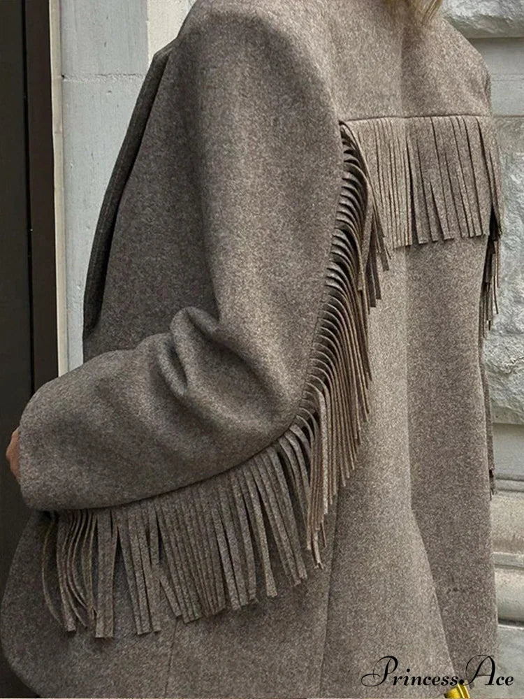 Casual Tassels Patchwork Long Sleeves Lapel Single Breasted Buckle Slim Stylish Coat image 5