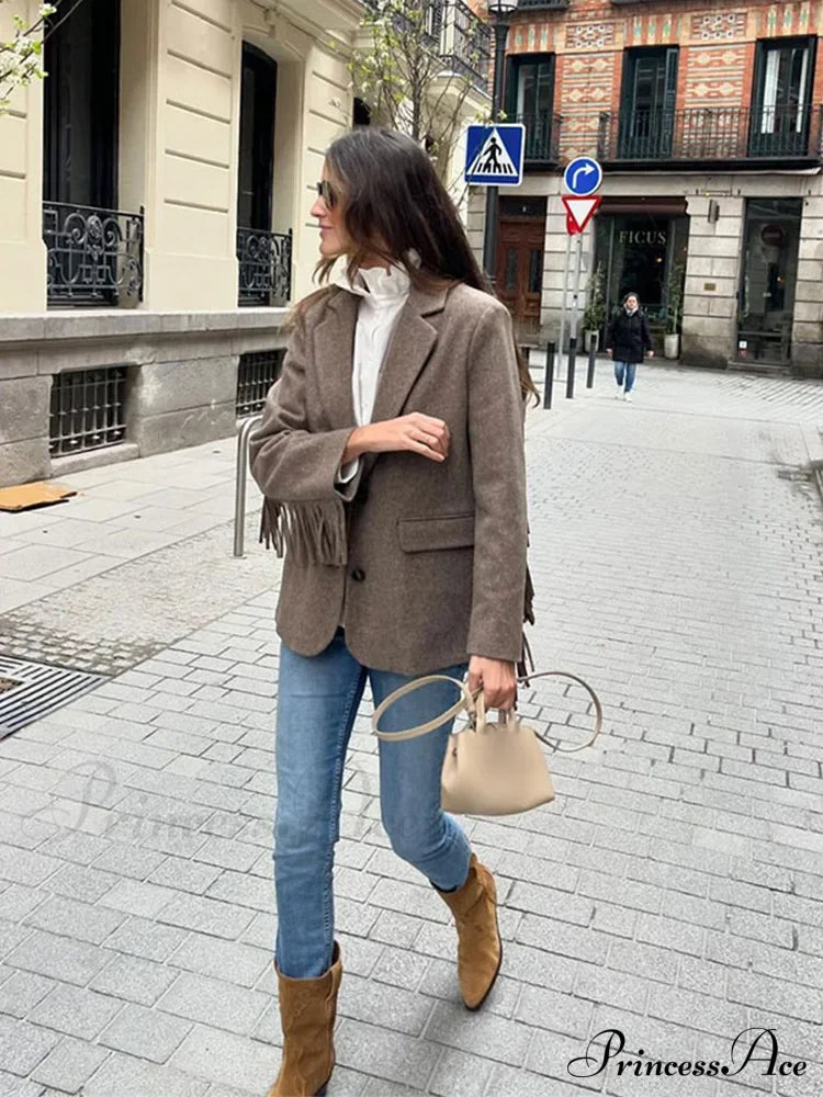 Casual Tassels Patchwork Long Sleeves Lapel Single Breasted Buckle Slim Stylish Coat image 4