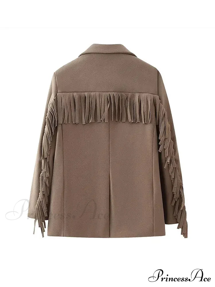 Casual Tassels Patchwork Long Sleeves Lapel Single Breasted Buckle Slim Stylish Coat image 6