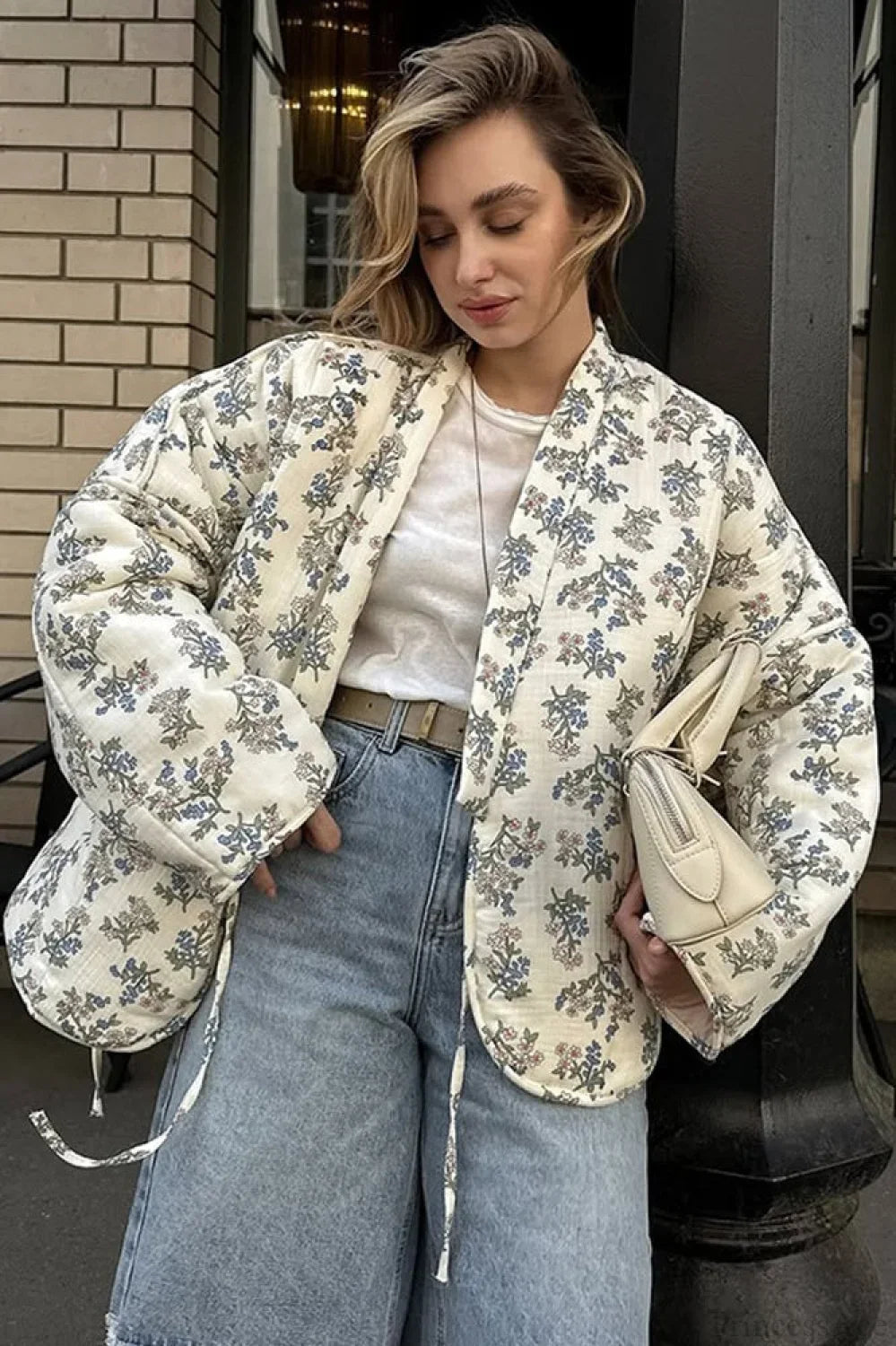 Casual Versatile Printed V-Neck Drawstring Padded Coat image 1