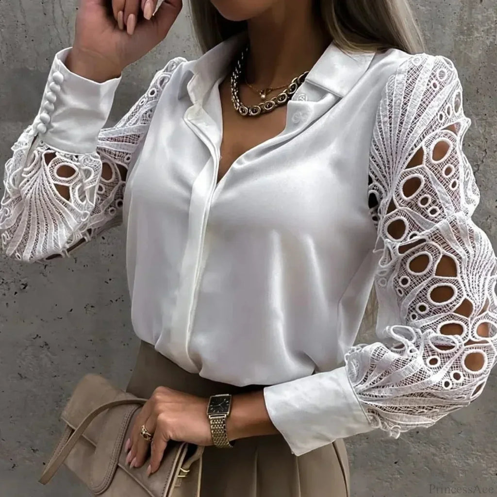 Casual White Lace Hollow-out Button Blouse image 2