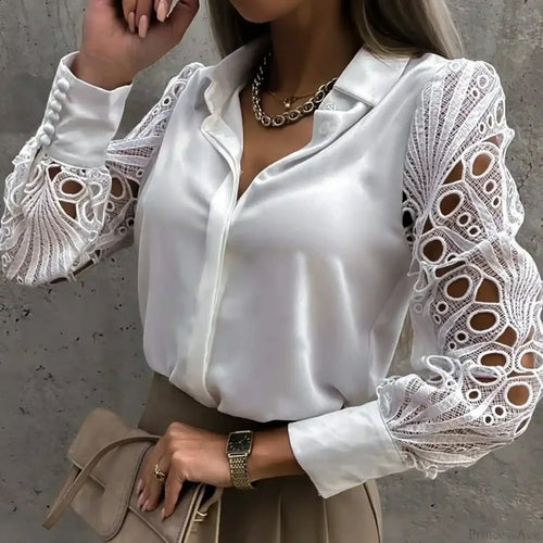 Casual White Lace Hollow-out Button Blouse image 2