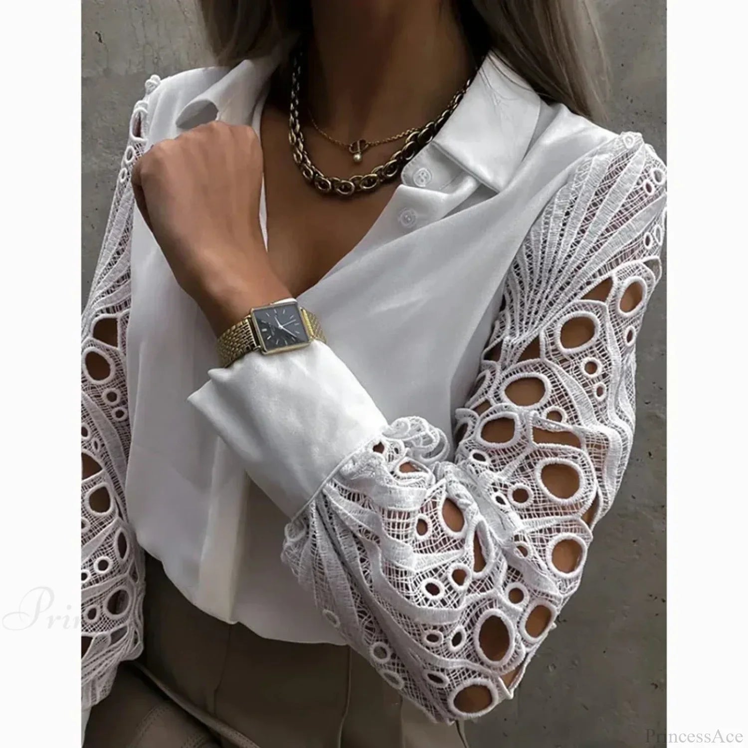 Casual White Lace Hollow-out Button Blouse image 3