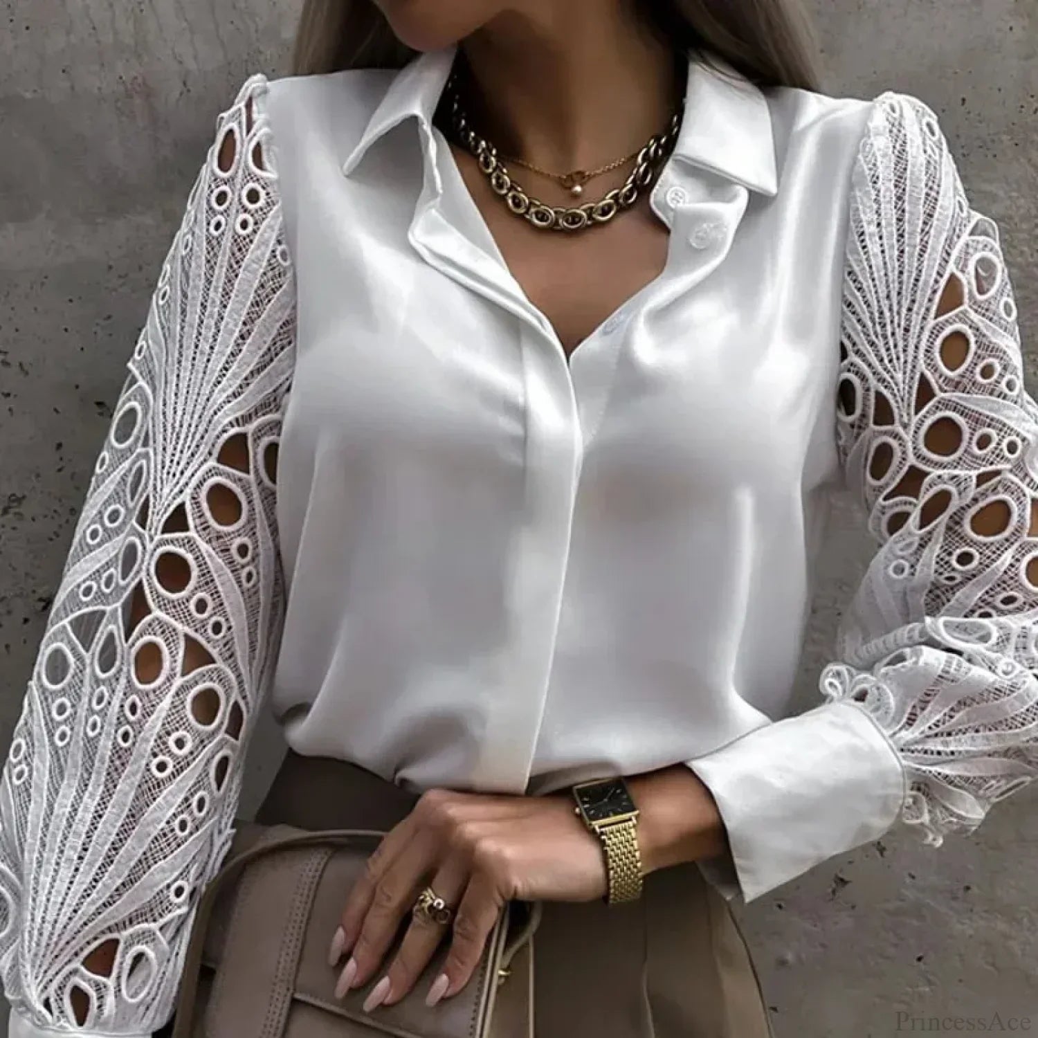 Casual White Lace Hollow-out Button Blouse image 1