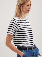 Casual Women's Cotton Harajuku Neck Brief Warm-Season Arm Tops Striped O Loose Tee T-Shirt Style image 2