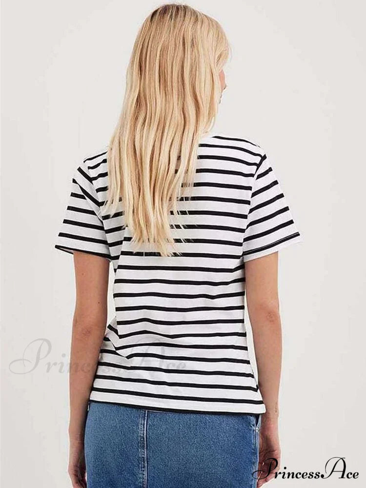 Casual Women's Cotton Harajuku Neck Brief Warm-Season Arm Tops Striped O Loose Tee T-Shirt Style image 3