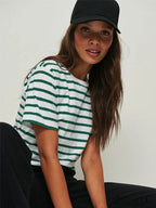 Casual Women's Cotton Harajuku Neck Brief Warm-Season Arm Tops Striped O Loose Tee T-Shirt Style image 1