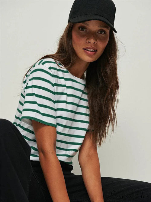 Casual Women's Cotton Harajuku Neck Brief Warm-Season Arm Tops Striped O Loose Tee T-Shirt Style image 1