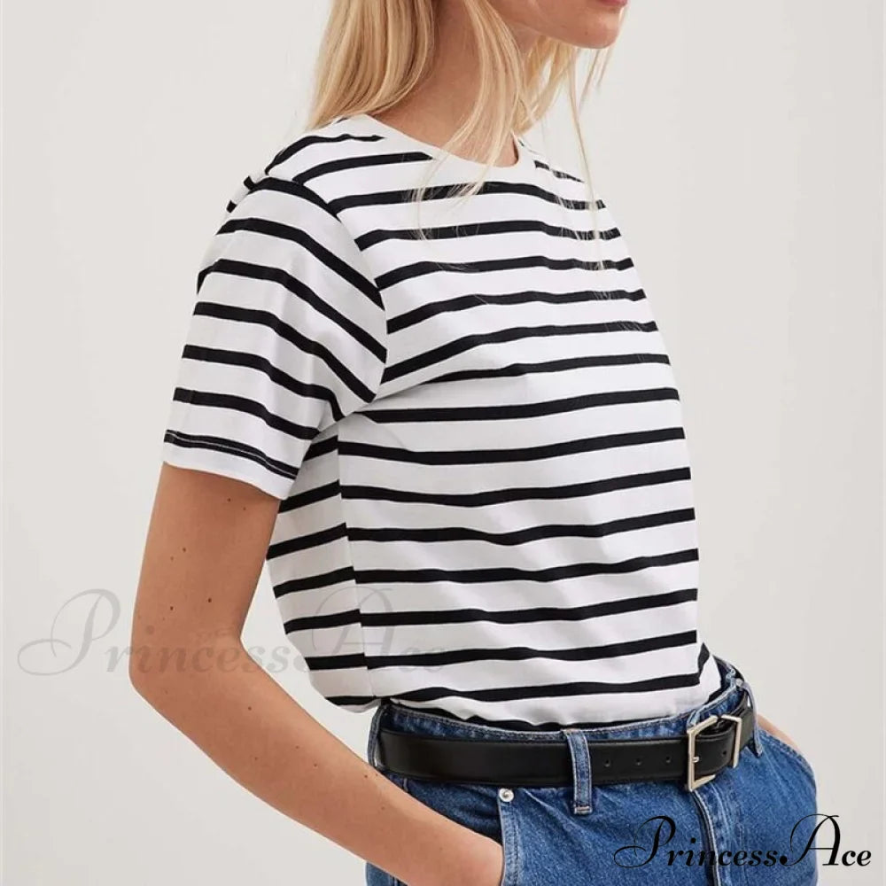 Casual Women's Cotton Harajuku Neck Brief Warm-Season Arm Tops Striped O Loose Tee T-Shirt Style image 4