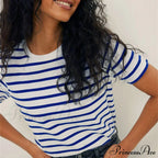 Casual Women's Cotton Harajuku Neck Brief Warm-Season Arm Tops Striped O Loose Tee T-Shirt Style image 5