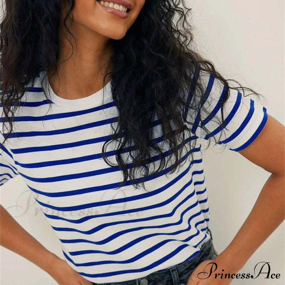 Casual Women's Cotton Harajuku Neck Brief Warm-Season Arm Tops Striped O Loose Tee T-Shirt Style image 5