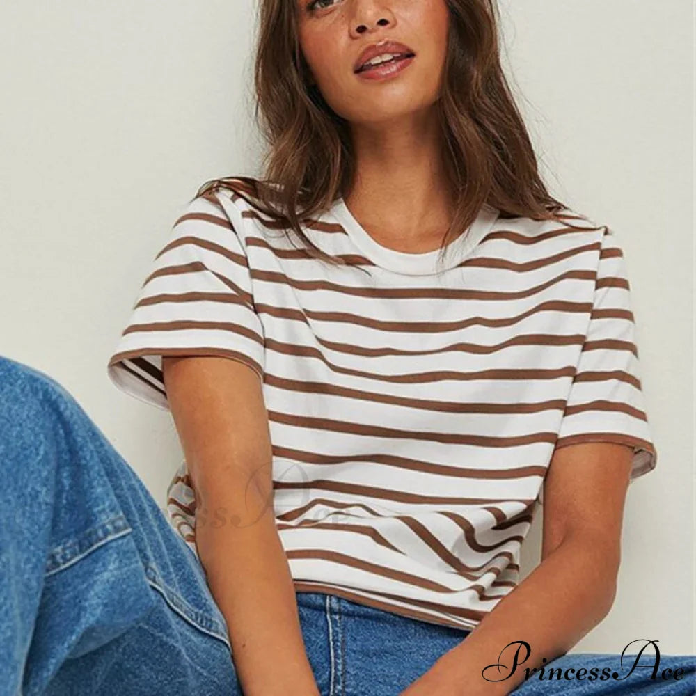 Casual Women's Cotton Harajuku Neck Brief Warm-Season Arm Tops Striped O Loose Tee T-Shirt Style image 7