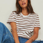 Casual Women's Cotton Harajuku Neck Brief Warm-Season Arm Tops Striped O Loose Tee T-Shirt Style image 7